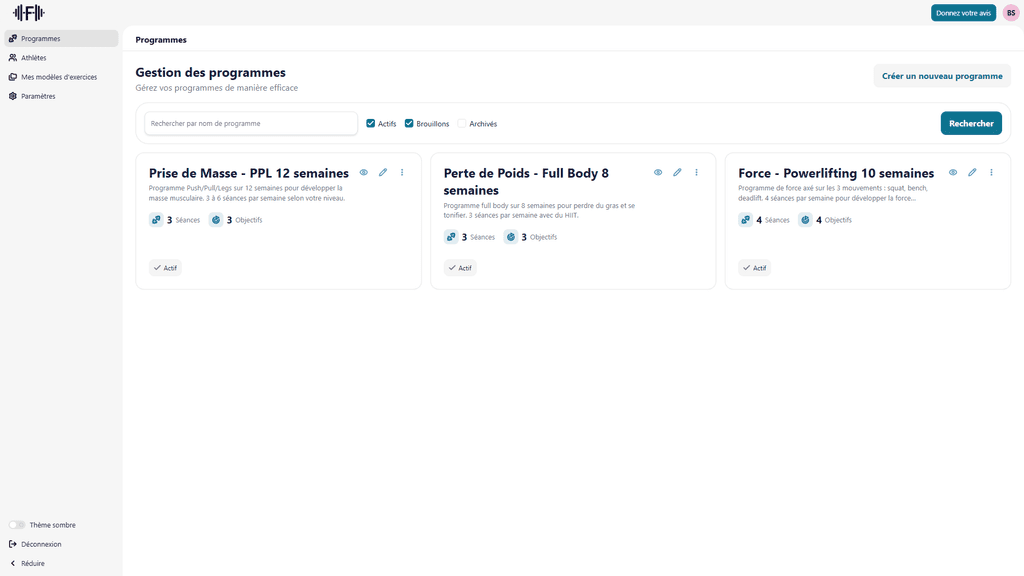 Capture d'écran du tableau de bord Fitimyze